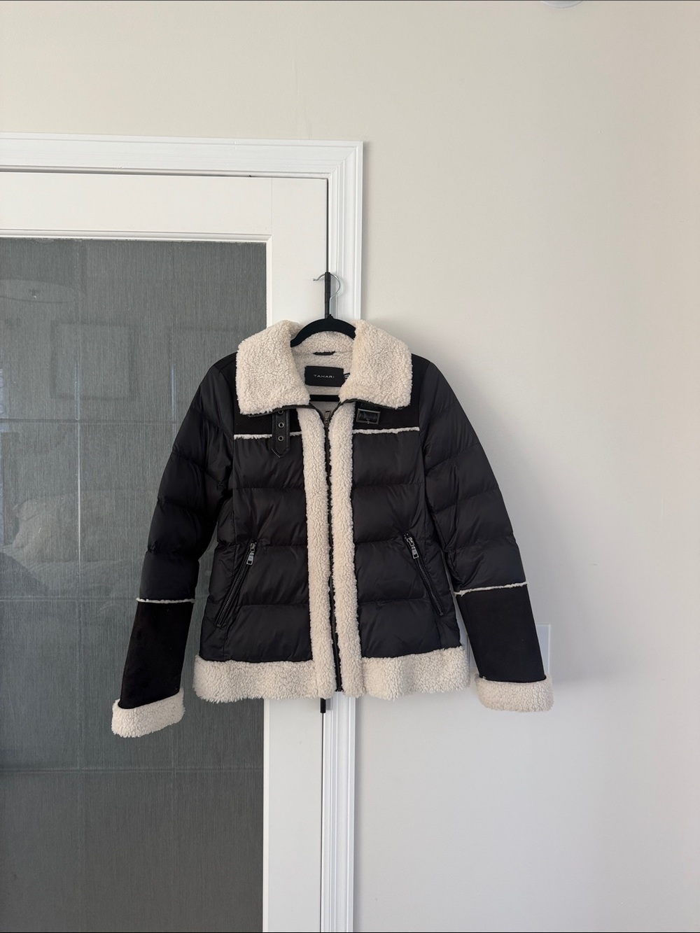 Tahari mixed media puffer shearling coat